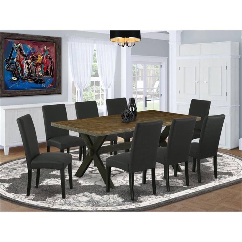 East West Furniture X677Dr124-9 9 Piece Dining Room Table Set Includes A Rectangle Kitchen Table With X-Legs And 8 Black Color Linen Fabric Parson Dining Chairs, 40X72 Inch, Multi-Color